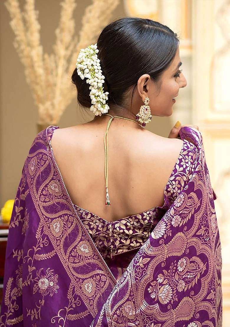 Purple Blended Saree Set with Embroidered for Diwali | Wedding & Festive Wear - Indya
