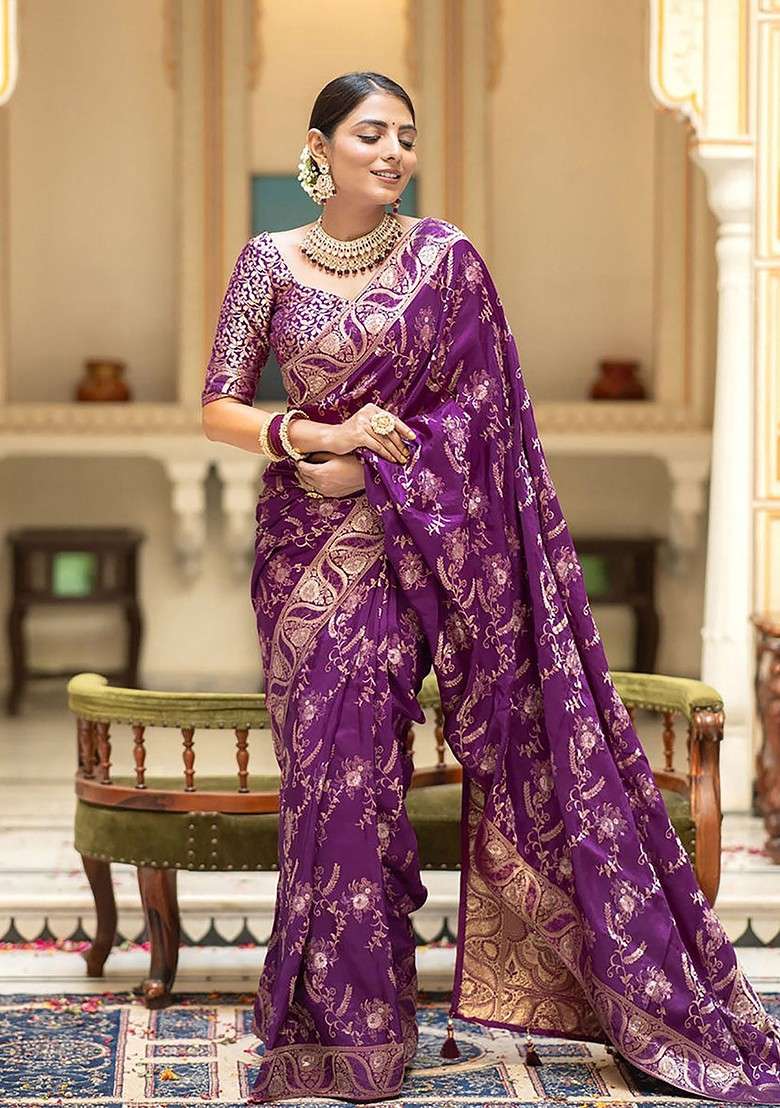 Purple Blended Saree Set with Embroidered for Diwali | Wedding & Festive Wear - Indya