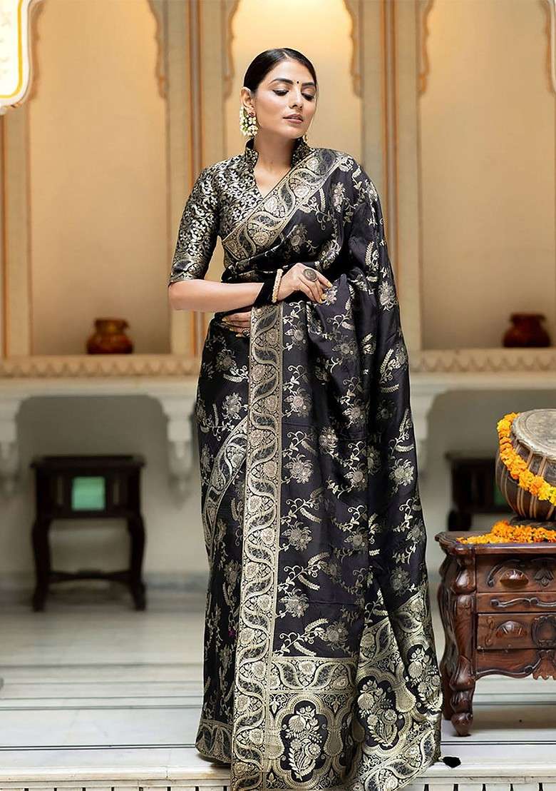 Black Embroidered Blended Saree Set for Diwali and Festive Wear - Indya