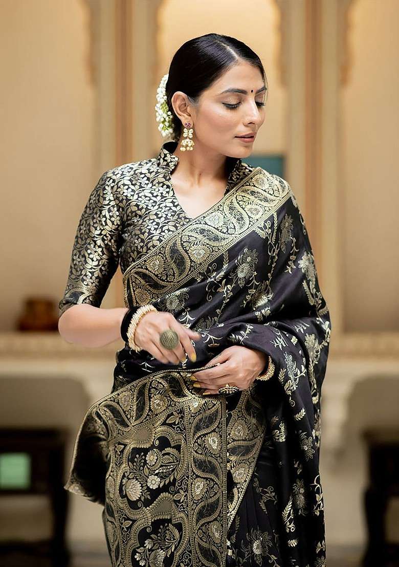 Black Embroidered Blended Saree Set for Diwali and Festive Wear - Indya