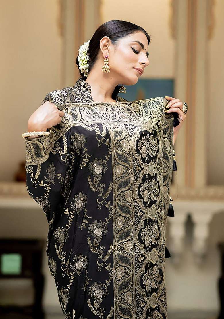 Black Embroidered Blended Saree Set for Diwali and Festive Wear - Indya