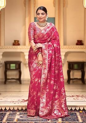 Pink Embroidered Blended Saree Set