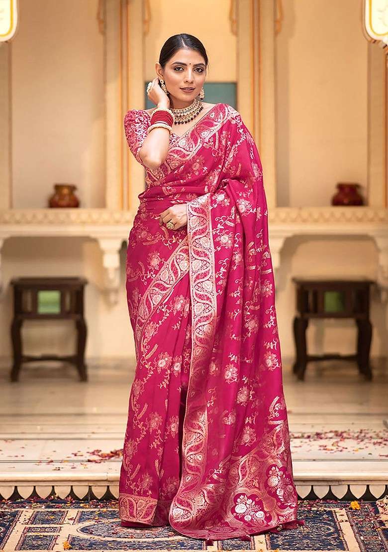 Pink Blended Saree Set with Embroidered for Diwali | Wedding & Festive Wear - Indya