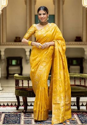 Yellow Embroidered Blended Saree Set