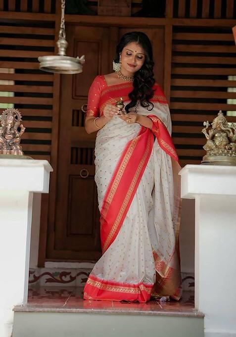White Jacquard Blended Saree Set — view on Indya
