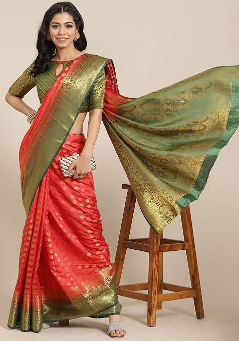 Red Jacquard Blended Saree Set — view on Indya