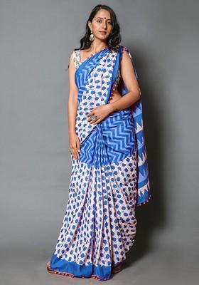 Blue Embroidered Blended Saree Set