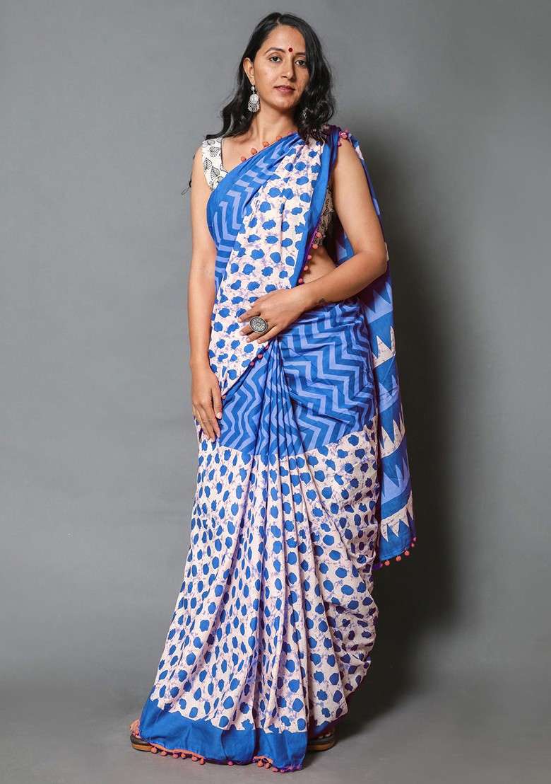 Blue Embroidered Blended Saree Set - Indya