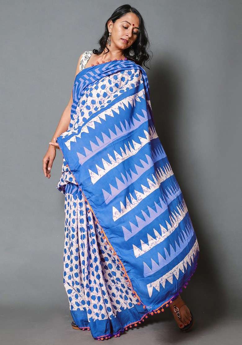 Blue Embroidered Blended Saree Set - Indya