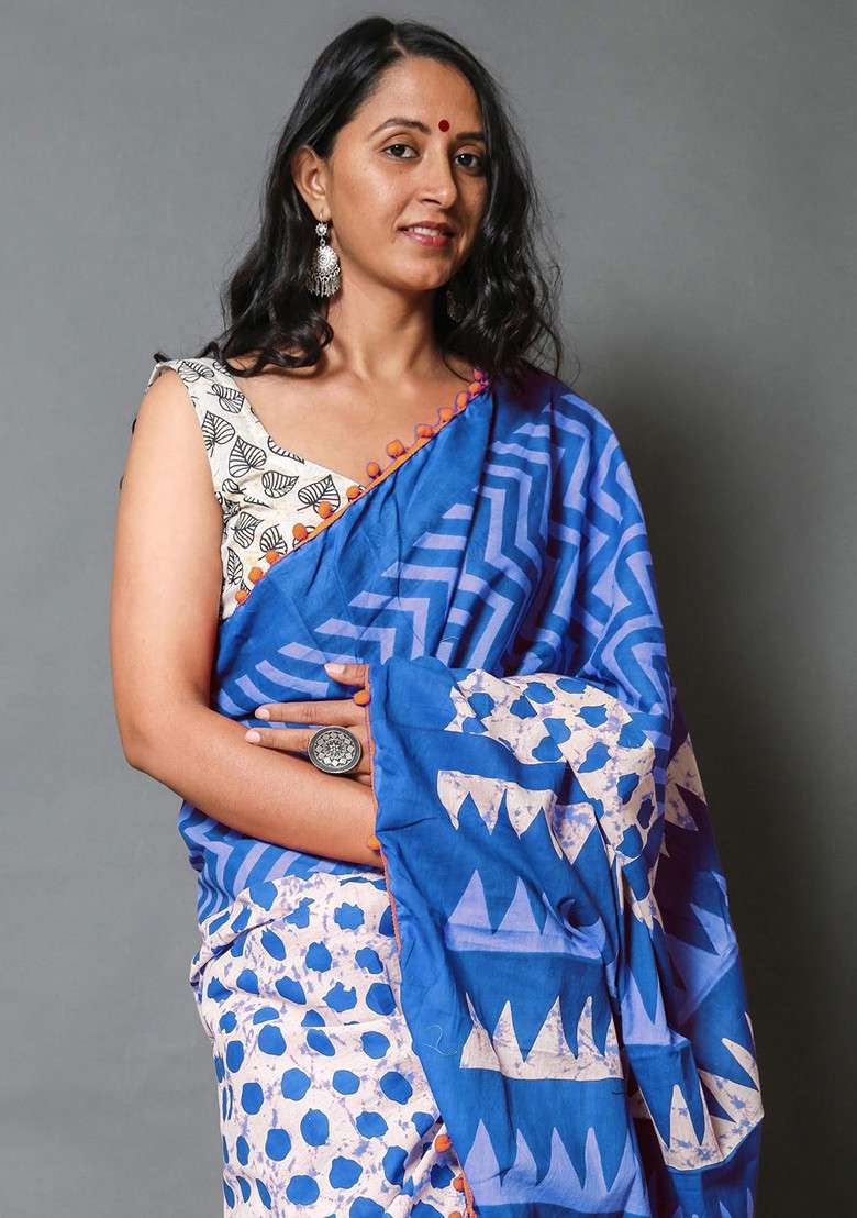 Blue Embroidered Blended Saree Set - Indya