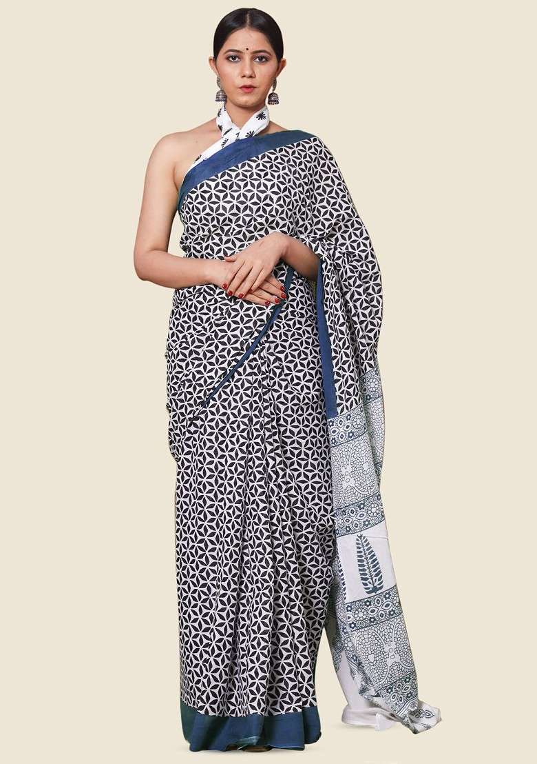 Navy Blue Printed Blended Saree Set - Indya