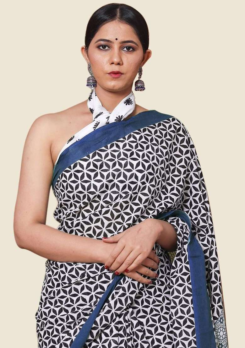Navy Blue Printed Blended Saree Set - Indya