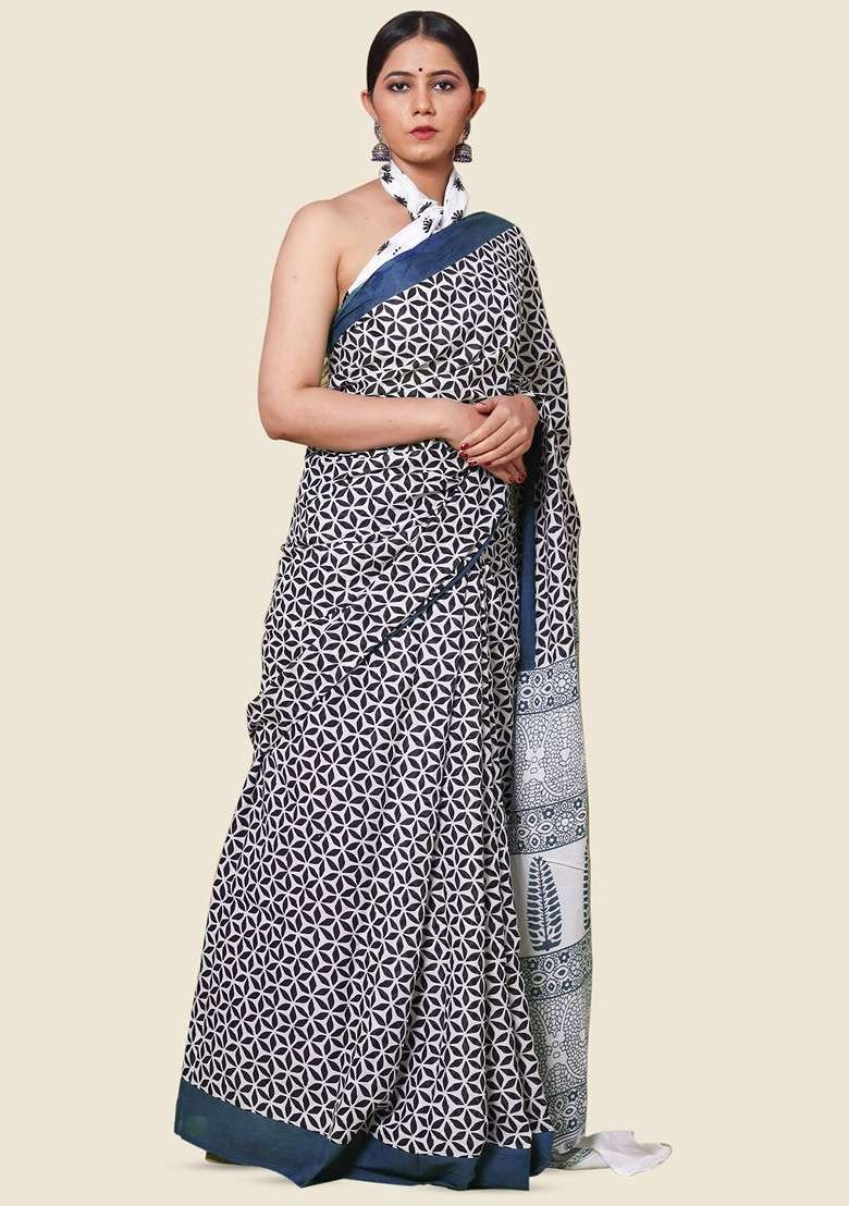 Navy Blue Printed Blended Saree Set - Indya