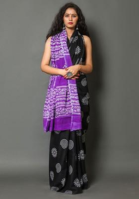Purple Embroidered Blended Saree Set