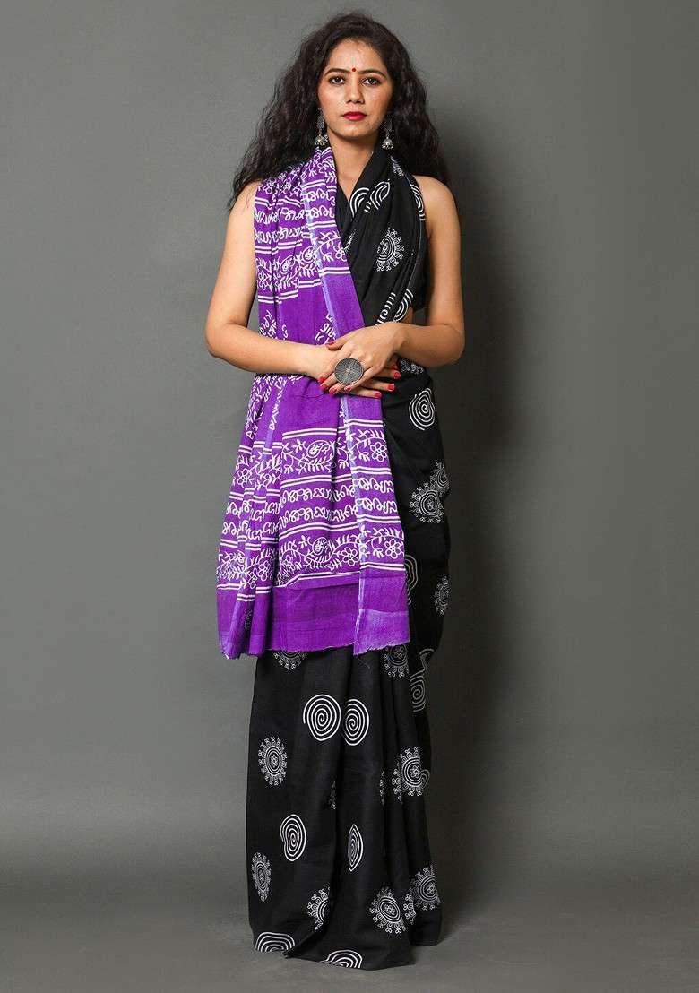 Purple Embroidered Blended Saree Set - Indya