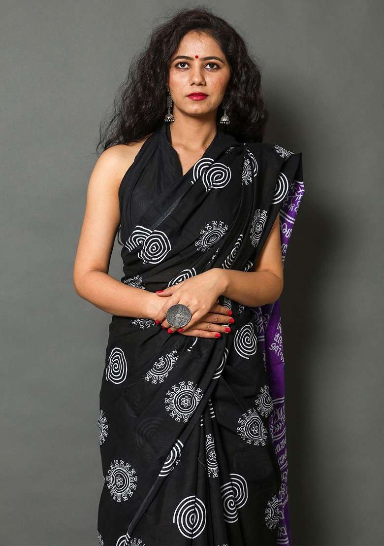 Purple Embroidered Blended Saree Set - Indya