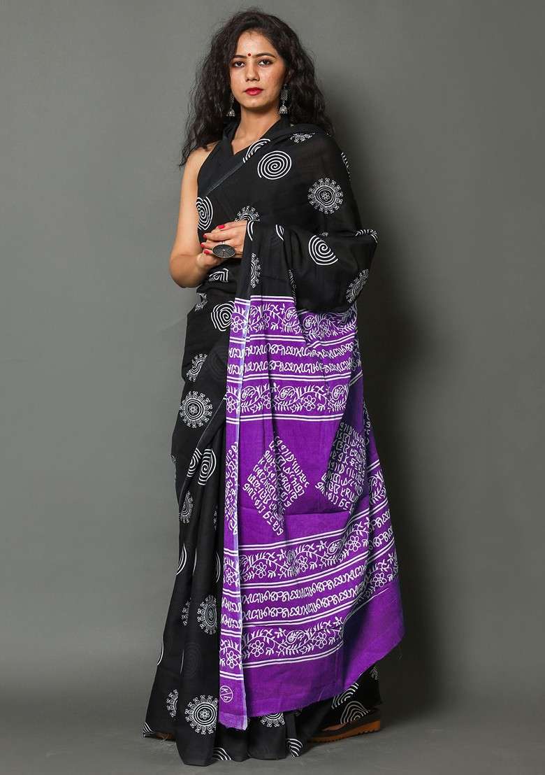 Purple Embroidered Blended Saree Set - Indya
