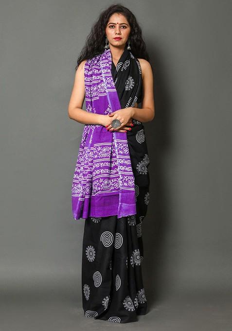Purple Embroidered Blended Saree Set