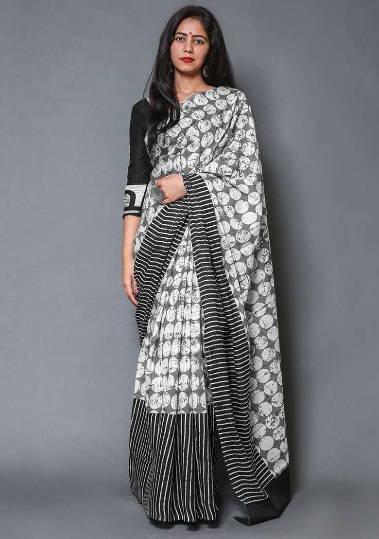 Grey Embroidered Blended Saree Set - Indya