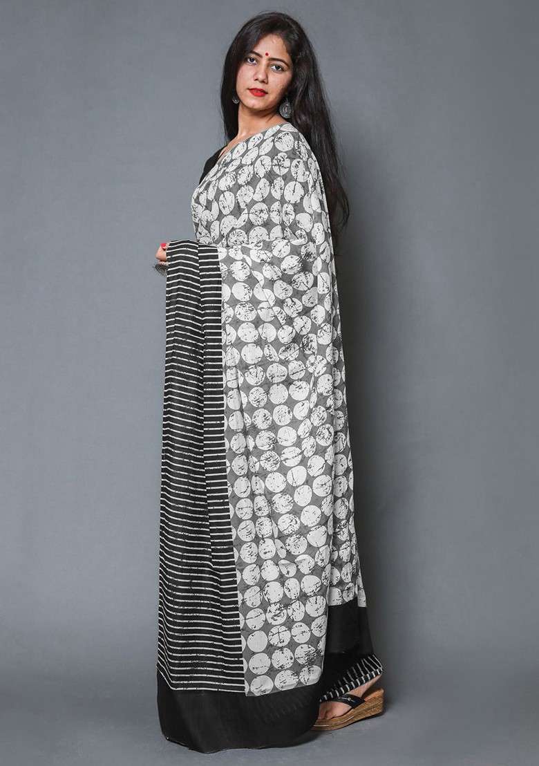 Grey Embroidered Blended Saree Set - Indya