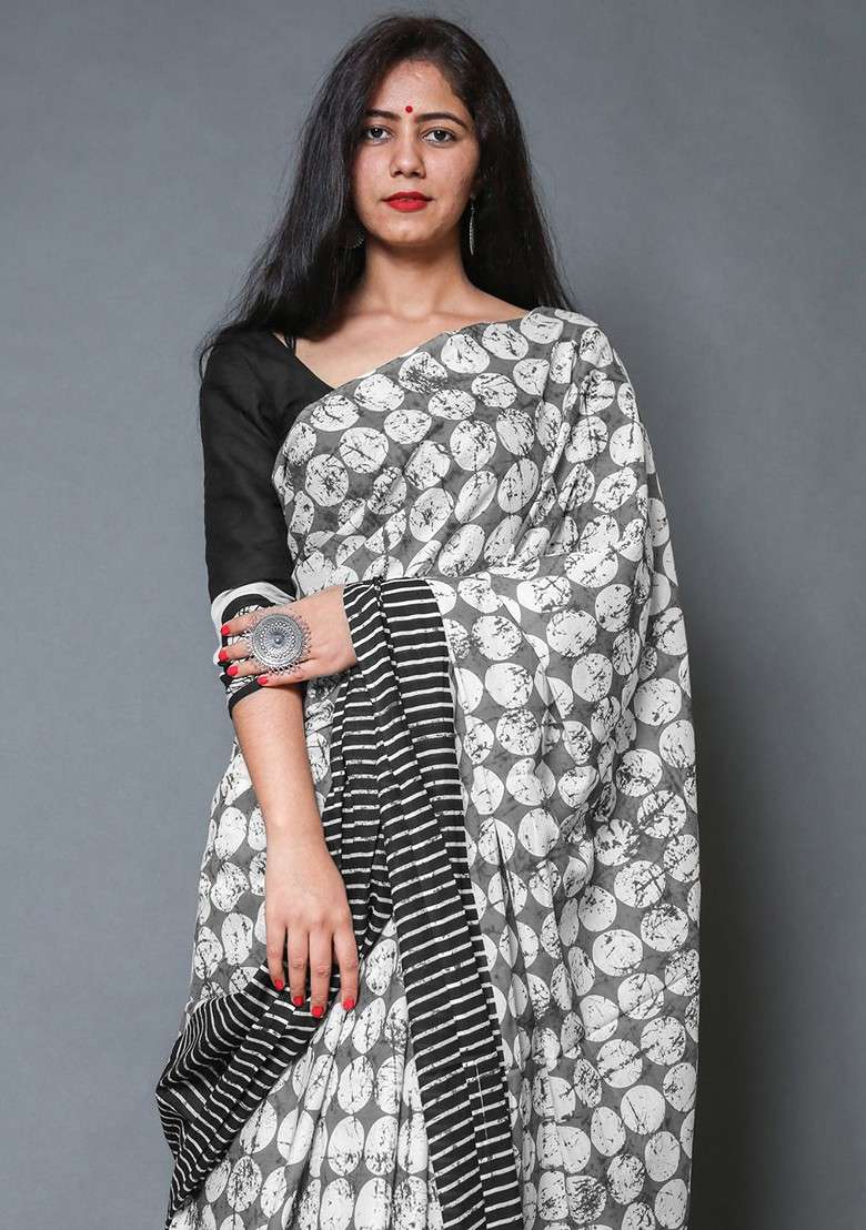 Grey Embroidered Blended Saree Set - Indya