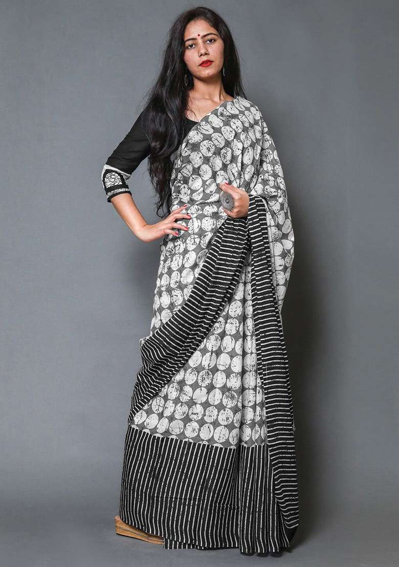 Grey Embroidered Blended Saree Set - Indya