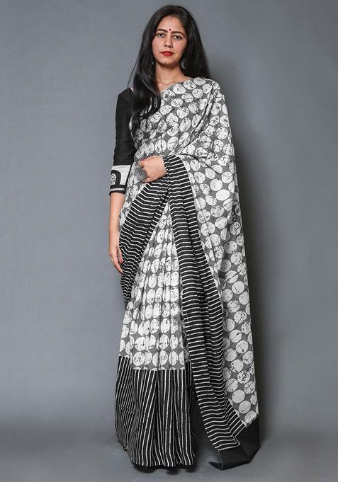 Grey Embroidered Blended Saree Set