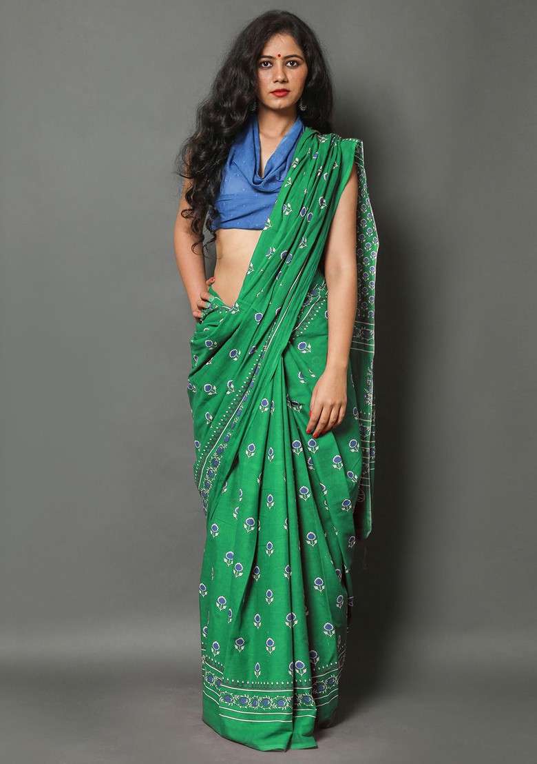 Green Embroidered Blended Saree Set - Indya