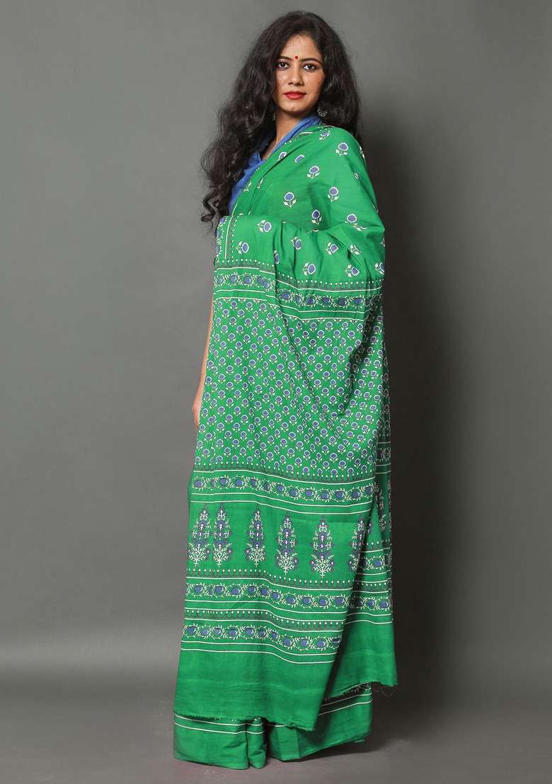 Green Embroidered Blended Saree Set - Indya