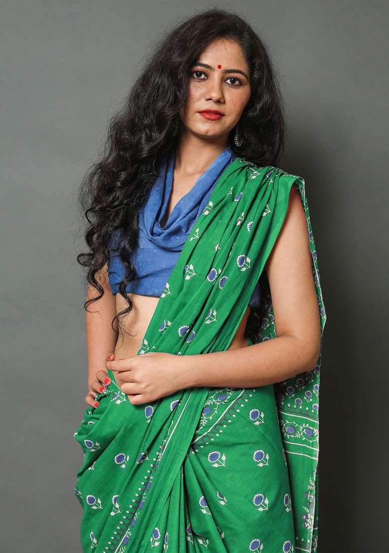 Green Embroidered Blended Saree Set - Indya