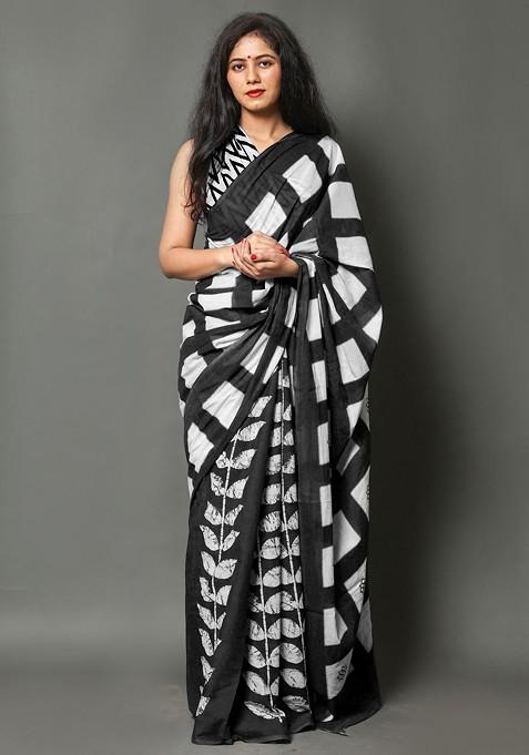 Black Printed Blended Saree Set