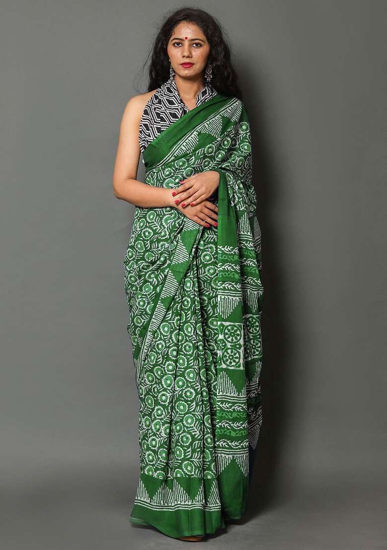 Green Embroidered Blended Saree Set - Indya