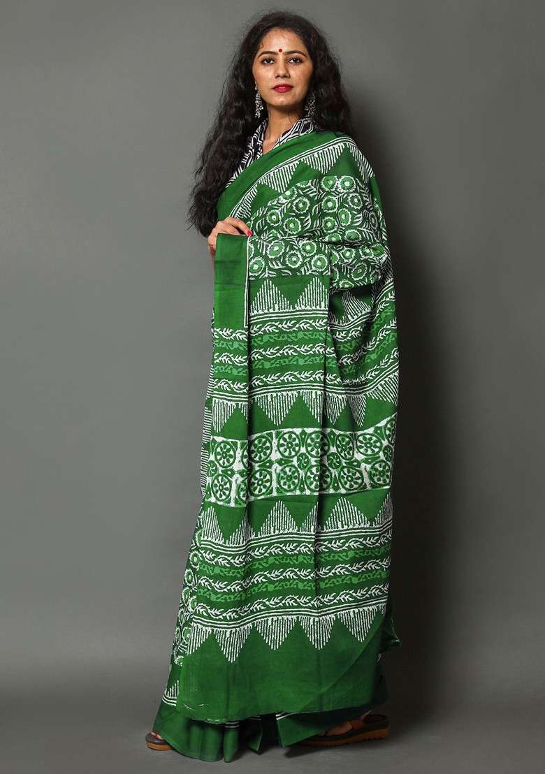 Green Embroidered Blended Saree Set - Indya