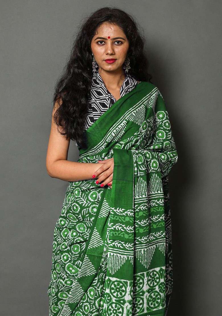 Green Embroidered Blended Saree Set - Indya