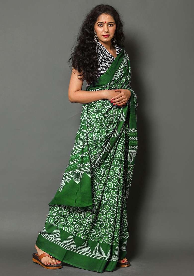 Green Embroidered Blended Saree Set - Indya