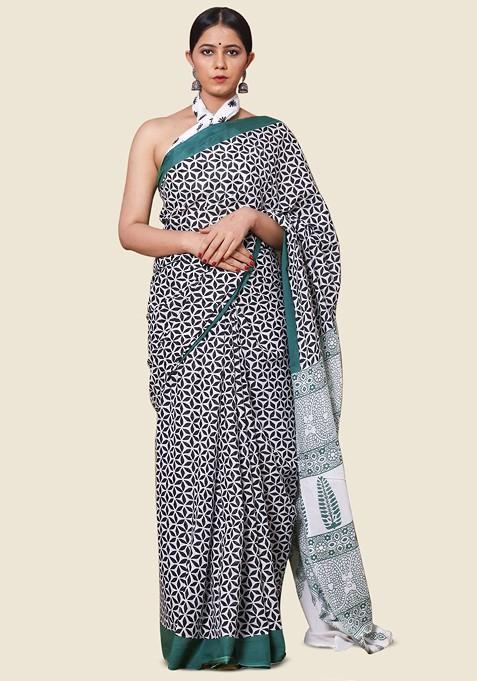 White Embroidered Blended Saree Set