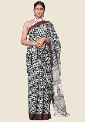 White Printed Blended Saree Set