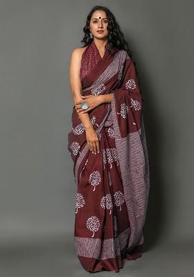 Maroon Printed Blended Saree Set