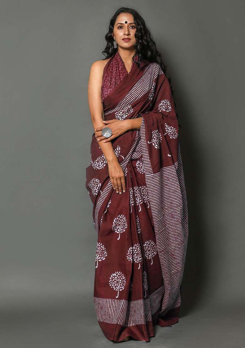 Maroon Printed Blended Saree Set - Indya