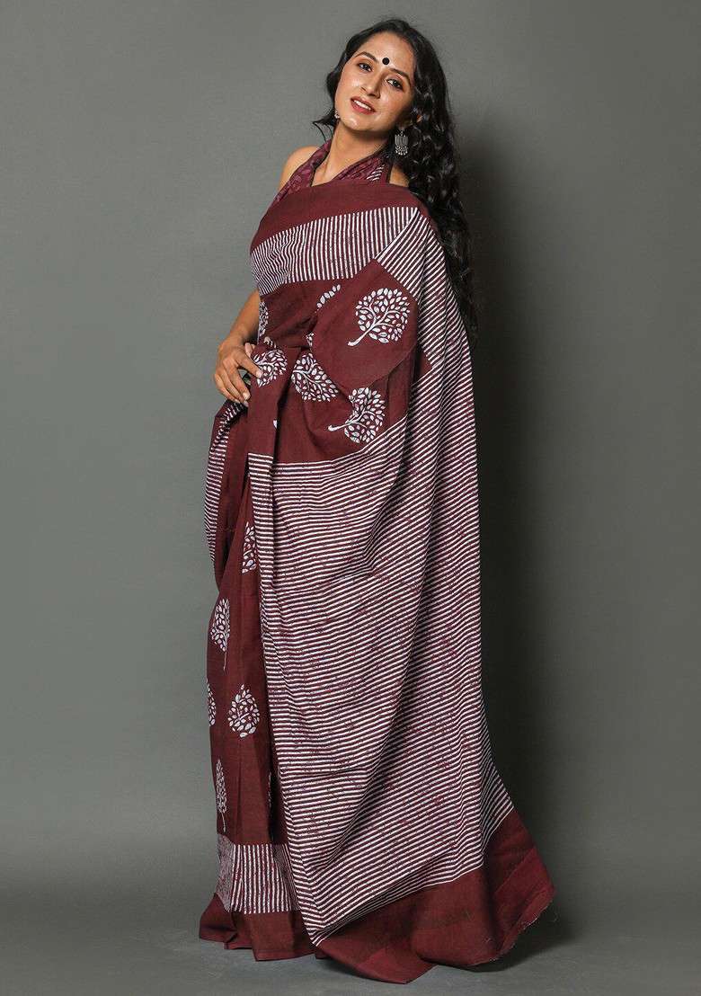 Maroon Printed Blended Saree Set - Indya