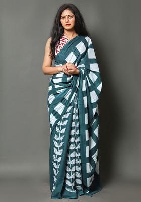Sea Green Printed Blended Saree Set