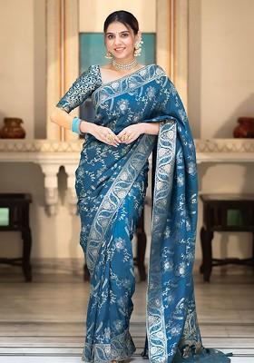 Blue Jacquard Blended Saree Set