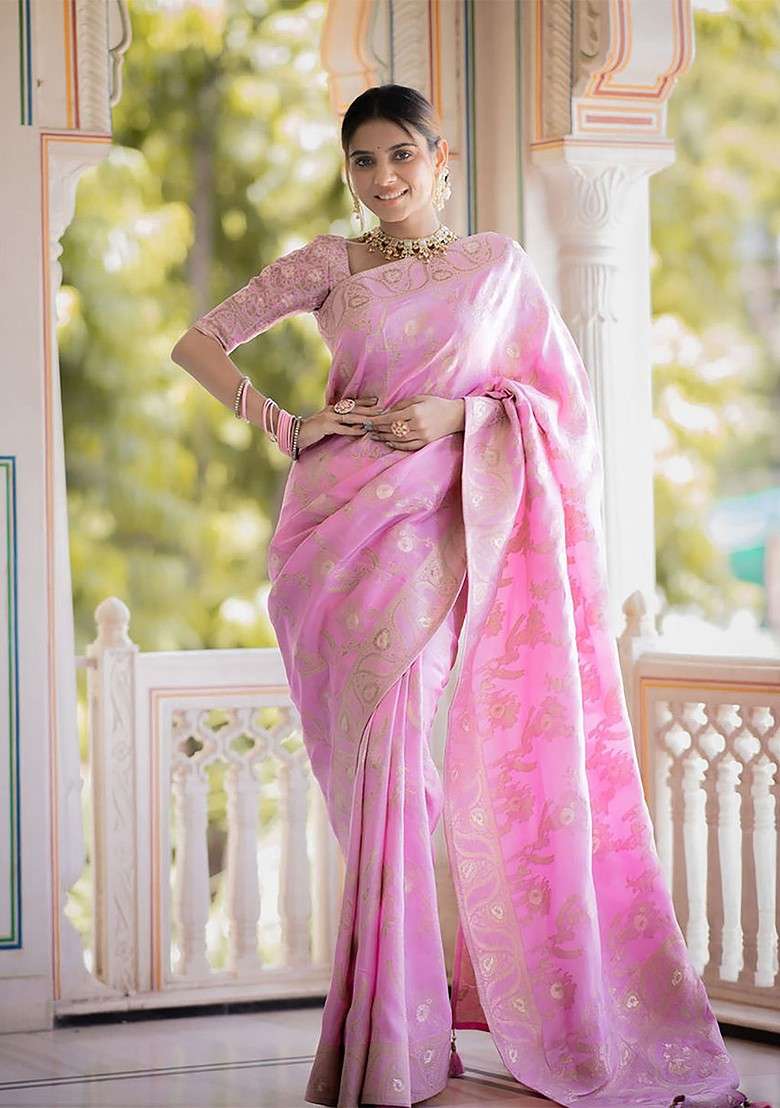 Pink Blended Saree Set with Embroidered for Diwali | Wedding & Festive Wear - Indya