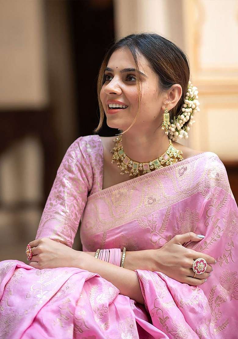 Pink Blended Saree Set with Embroidered for Diwali | Wedding & Festive Wear - Indya