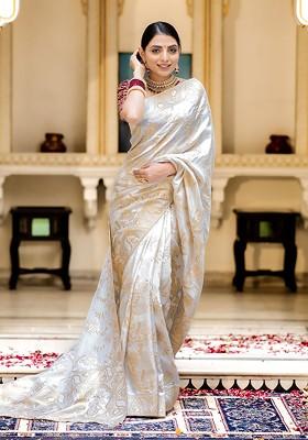 White Embroidered Blended Saree Set