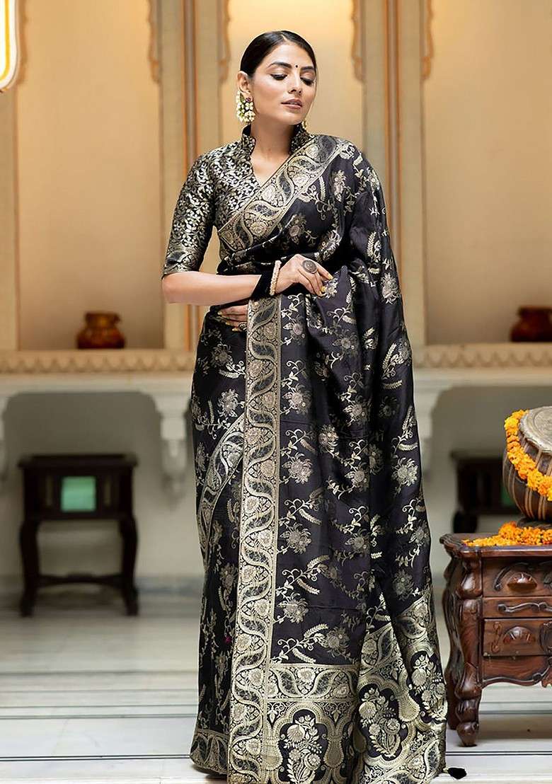 Black Blended Saree Set with Embroidered for Diwali | Wedding & Festive Wear - Indya