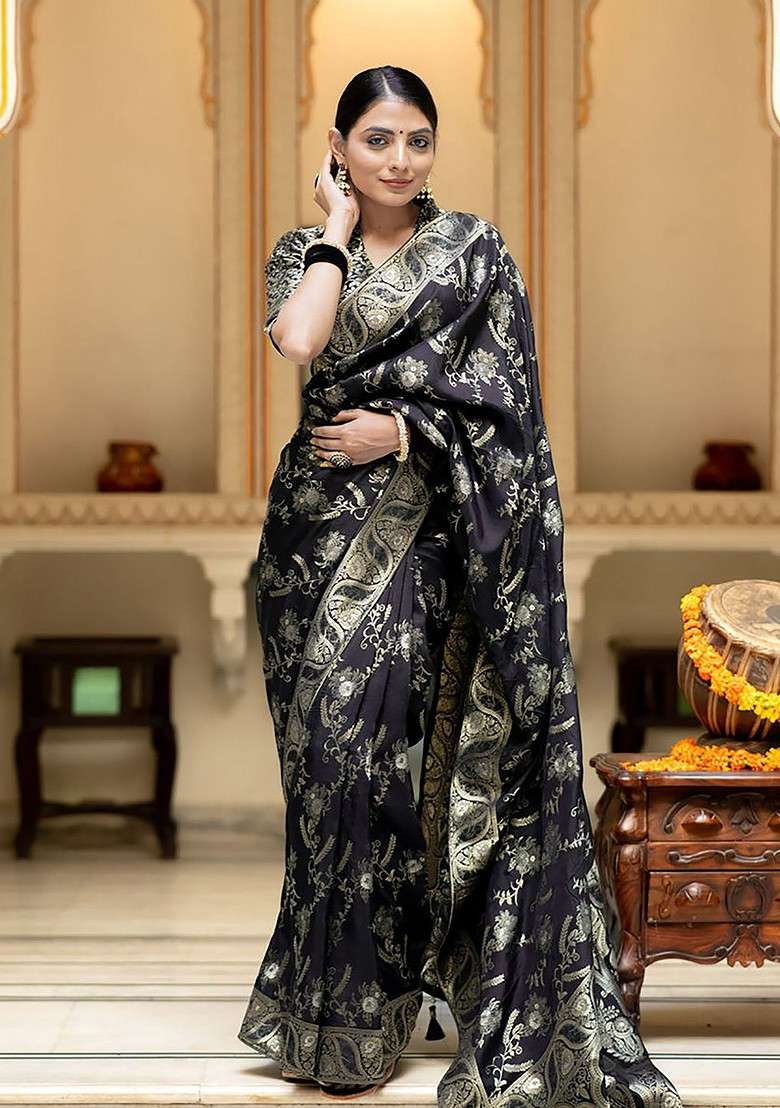 Black Blended Saree Set with Embroidered for Diwali | Wedding & Festive Wear - Indya