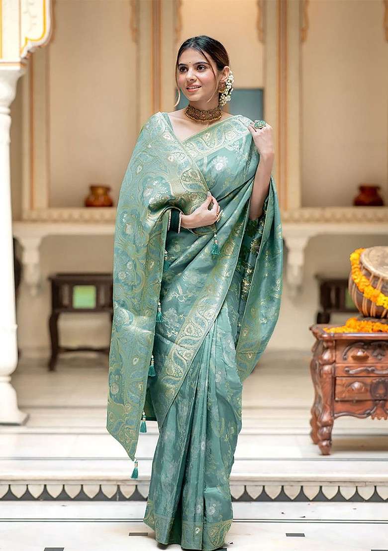 Green Embroidered Blended Saree Set for Diwali and Festive Wear - Indya