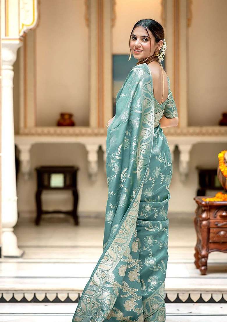 Green Embroidered Blended Saree Set for Diwali and Festive Wear - Indya