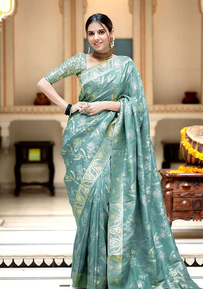 Green Embroidered Blended Saree Set for Diwali and Festive Wear - Indya